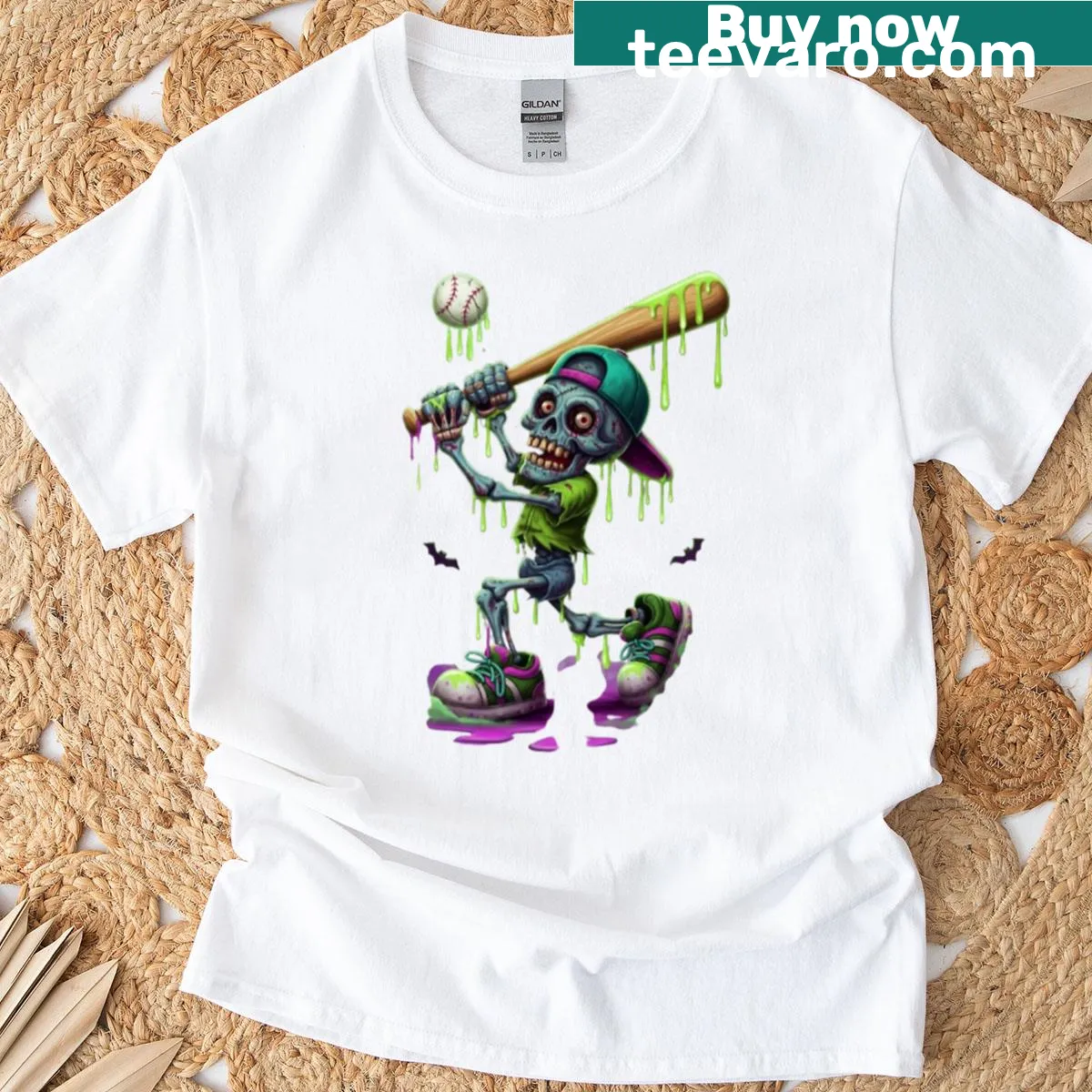 Zombie skeleton baseball player design for Halloween lovers — on a men's t-shirt