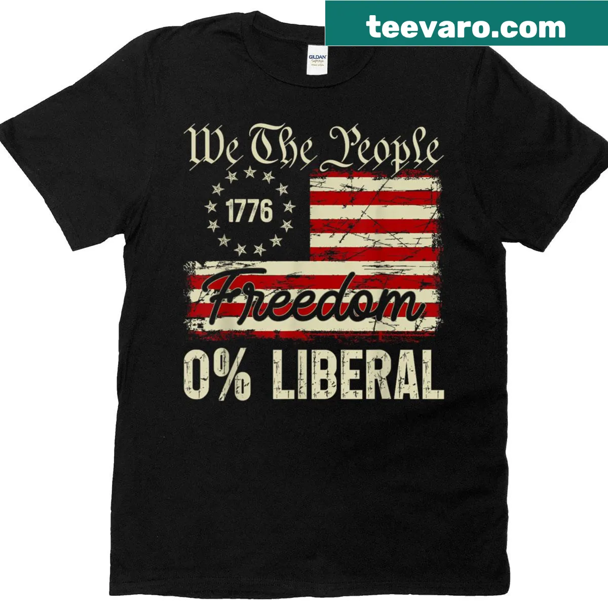 Retro American flag graphic with the phrase '0 Liberal 100 American' — on a men's t-shirt