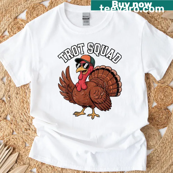 Thanksgiving T-shirt featuring a funny running turkey wearing sunglasses