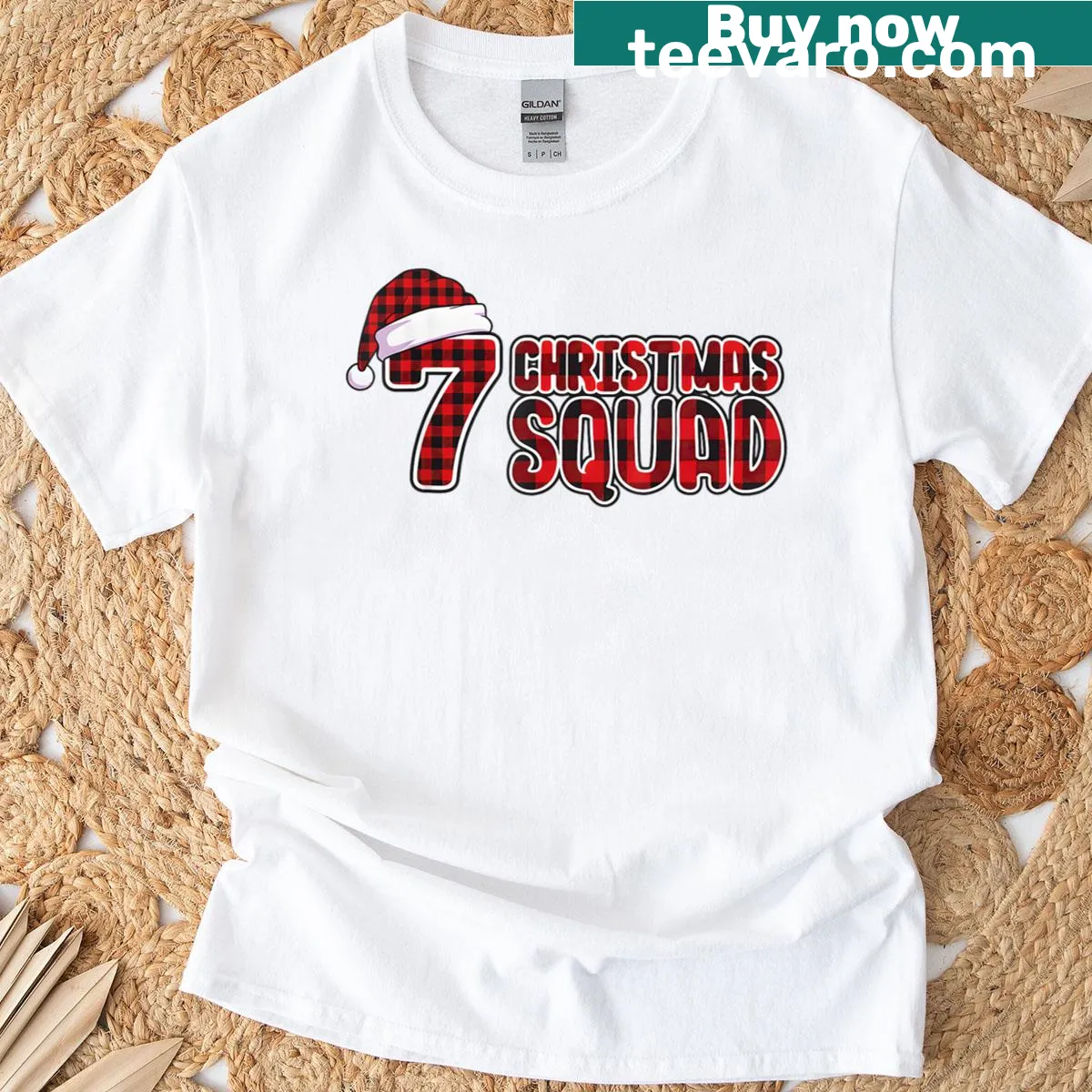 Funny Christmas meme shirt with red plaid background and text — on a men's t-shirt
