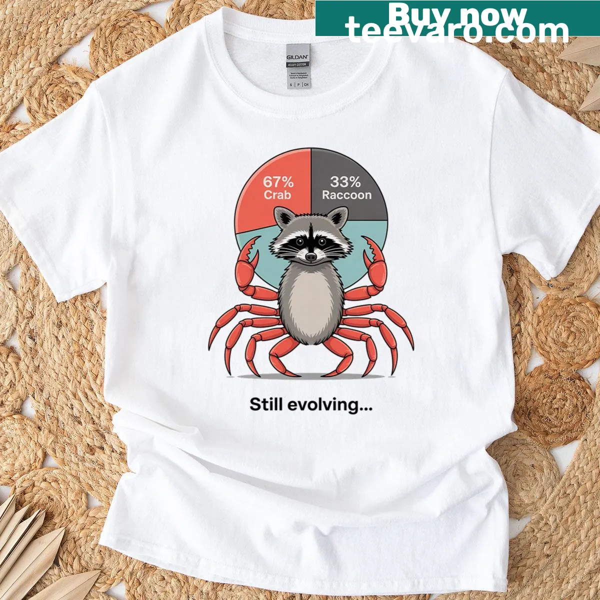 Humorous graphic tee featuring a crab and raccoon design with meme text. — on a men's t-shirt