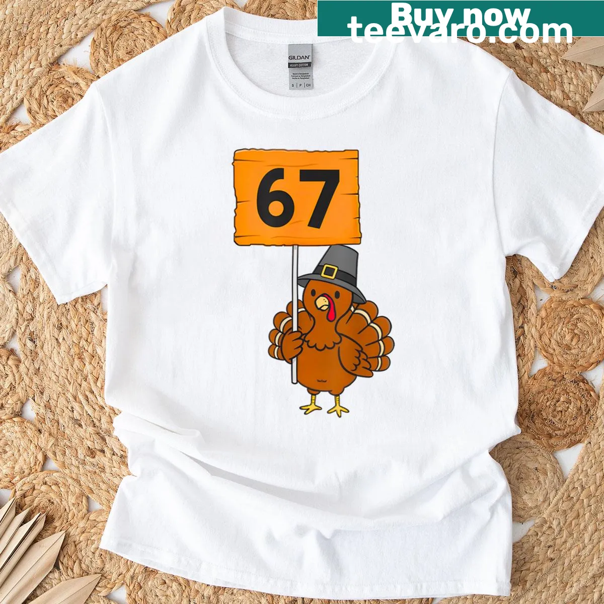 Humorous turkey graphic with '67 Meme Humor' text on a t-shirt — on a men's t-shirt