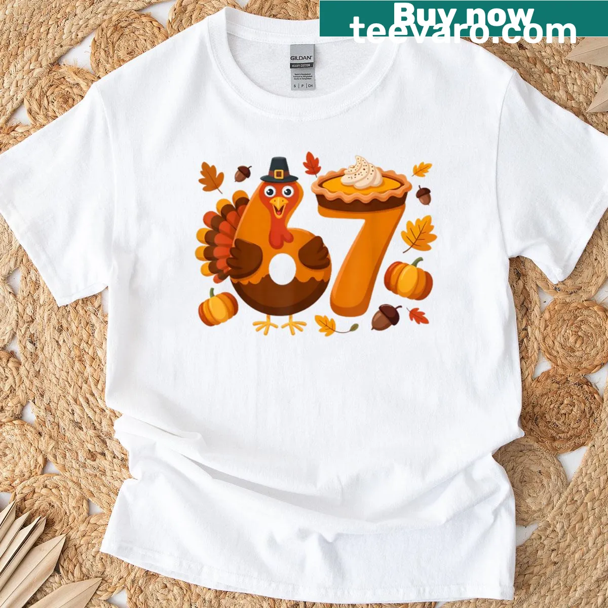 Cartoon turkey and '67 Meme' text on a t-shirt — on a men's t-shirt