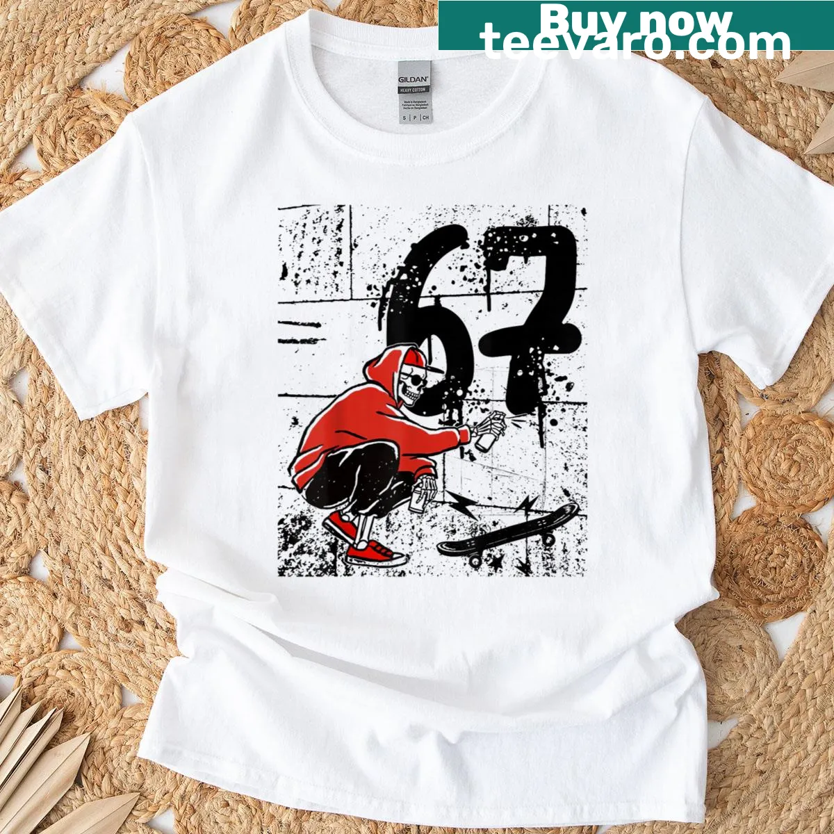 Vintage Halloween T-shirt with a skeleton design and text '67 Skeleton Funny Six Seven' — on a men's t-shirt