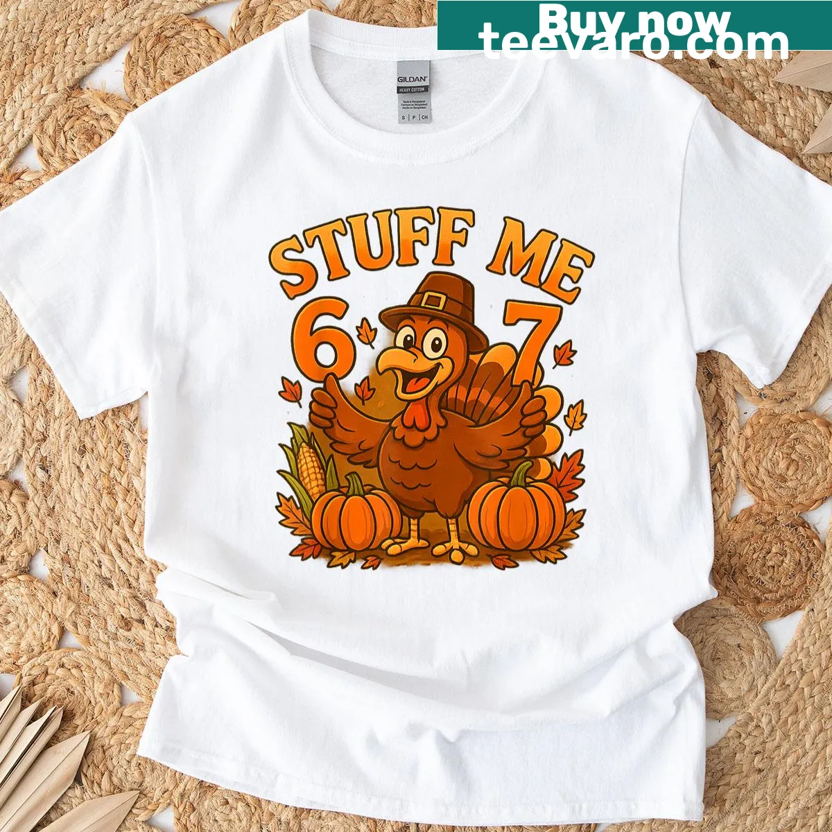 Funny Thanksgiving shirt featuring a turkey and the text '67 Stuff Me' — on a men's t-shirt