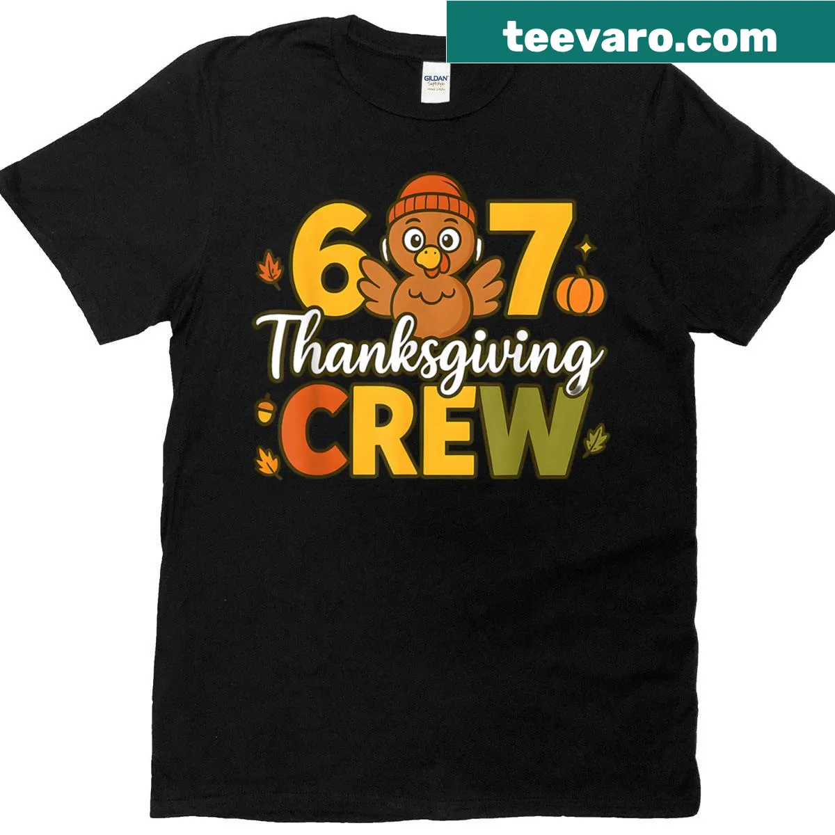 Thanksgiving t-shirt with turkey graphic and meme numbers 6 and 7 — on a men's t-shirt