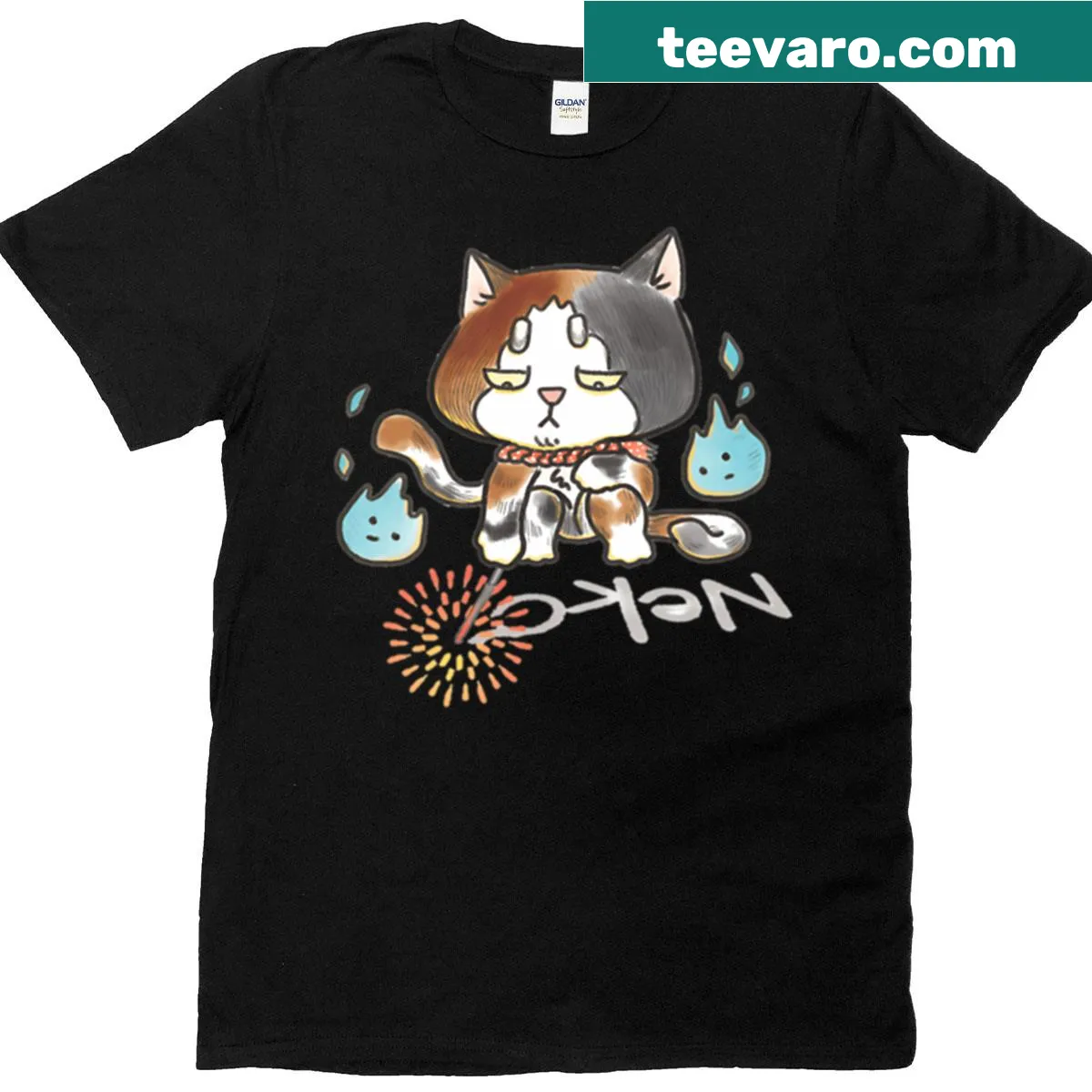 Cute Neko cat playing with fireworks illustration t-shirt — on a men's t-shirt