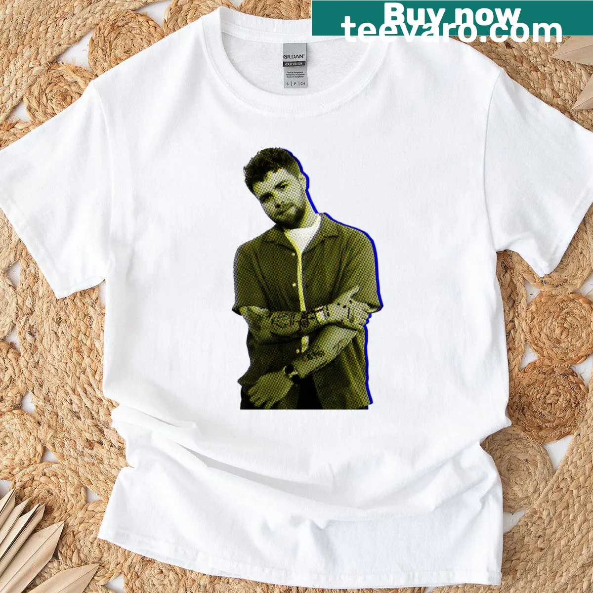 Halftone graphic t-shirt representing Alex Warren's artistic style. — on a men's t-shirt