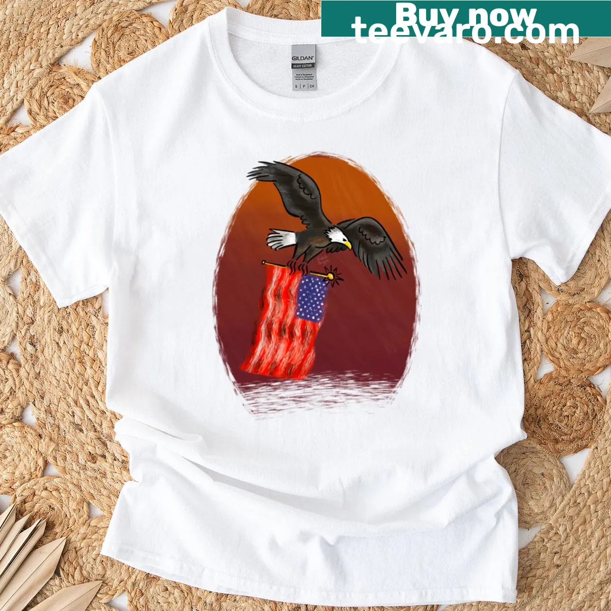 T-shirt with an illustration of an American eagle and flag, symbolizing patriotism. — on a men's t-shirt