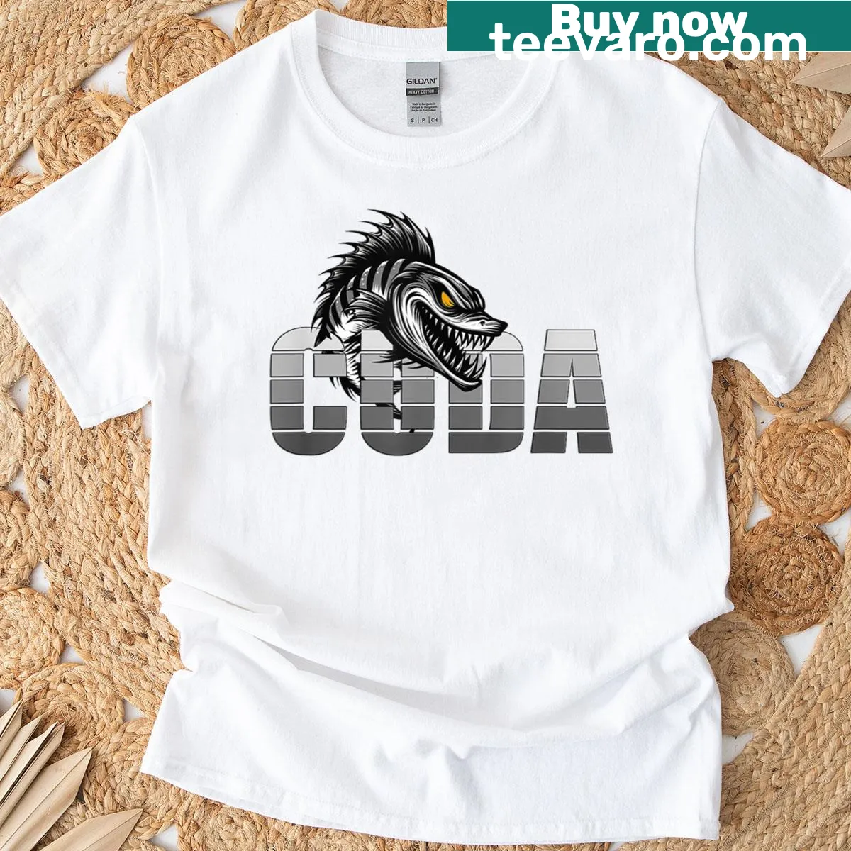 Illustration of Cuda badge graphic on a muscle car t-shirt — on a men's t-shirt