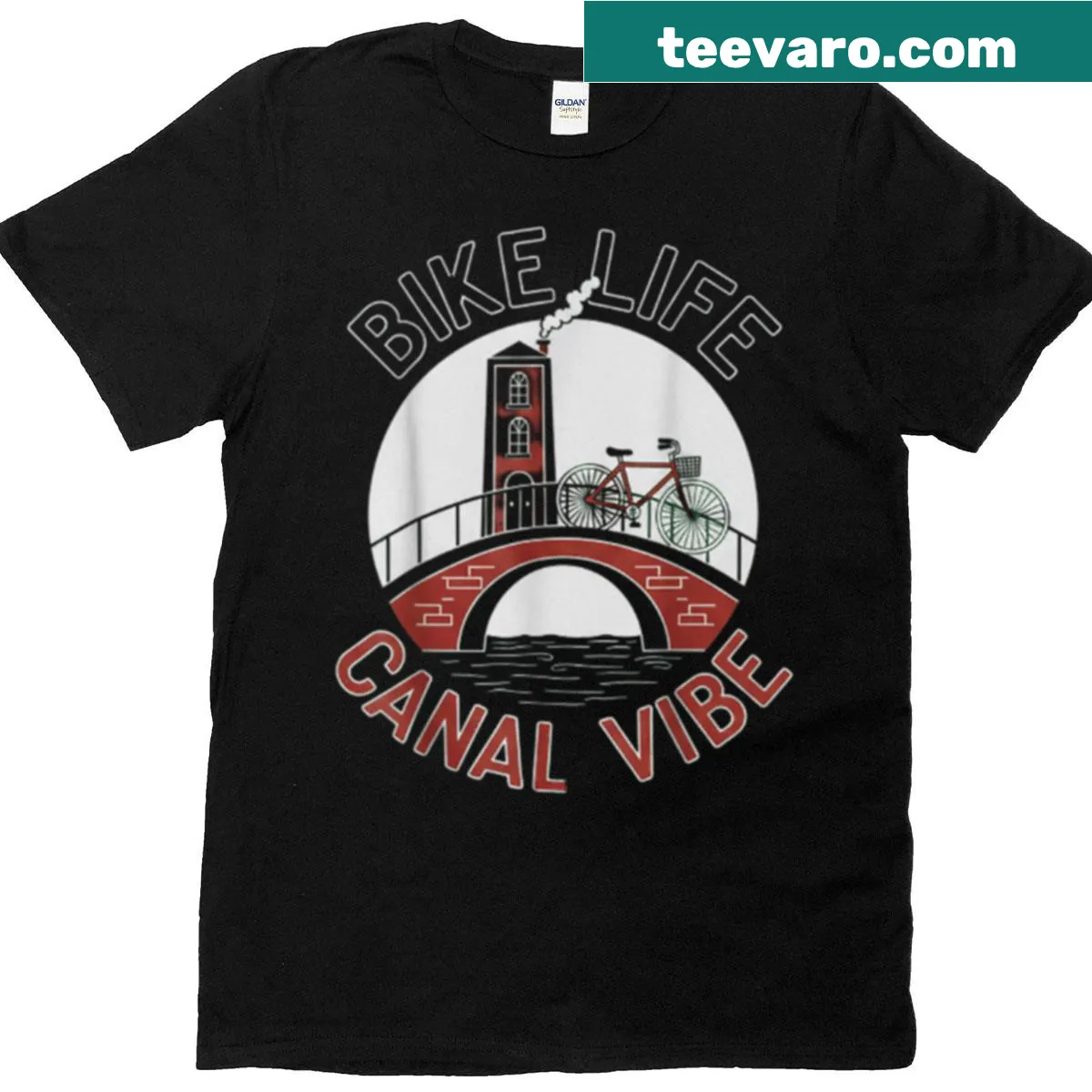 Illustration of bikes against canals representing Amsterdam's spirit — on a men's t-shirt