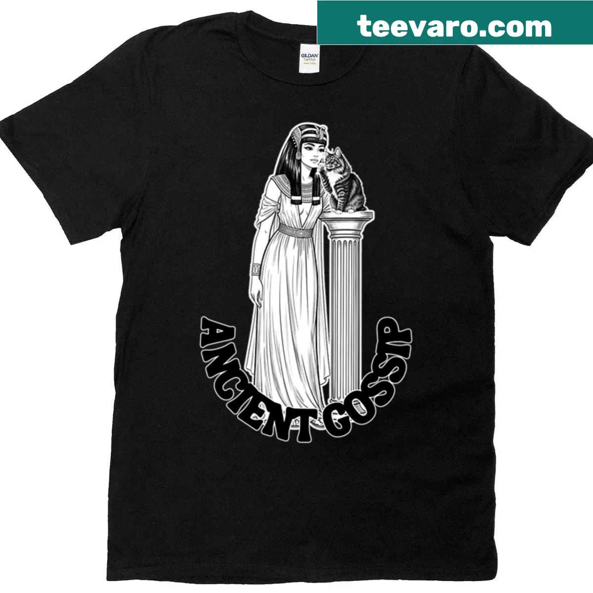 Humorous t-shirt featuring 'Ancient Gossip: Cleopatra Cat Secrets' text — on a men's t-shirt