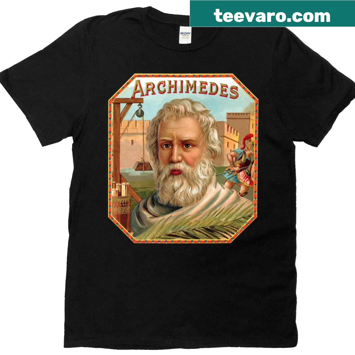 Illustration of Archimedes on a science-themed t-shirt — on a men's t-shirt