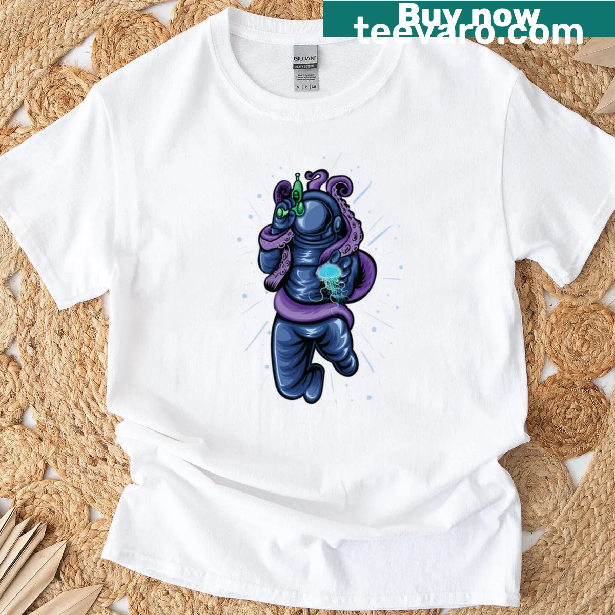 T-shirt with astronaut graphic entangled in whimsical tentacles. — on a men's t-shirt