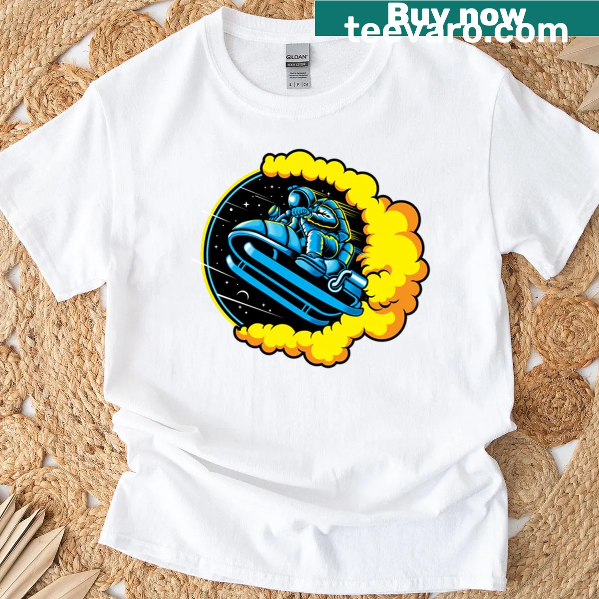 Astronaut riding a motorcycle on the moon in a fun graphic design — on a men's t-shirt