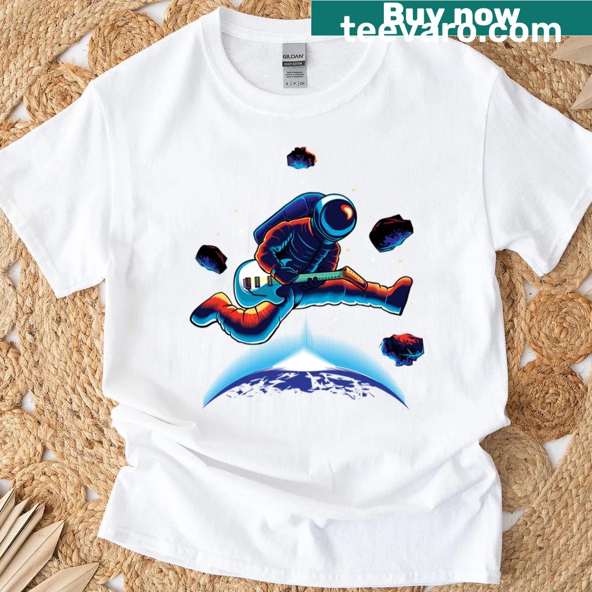 Astronaut playing guitar on the moon with stars in the background — on a men's t-shirt