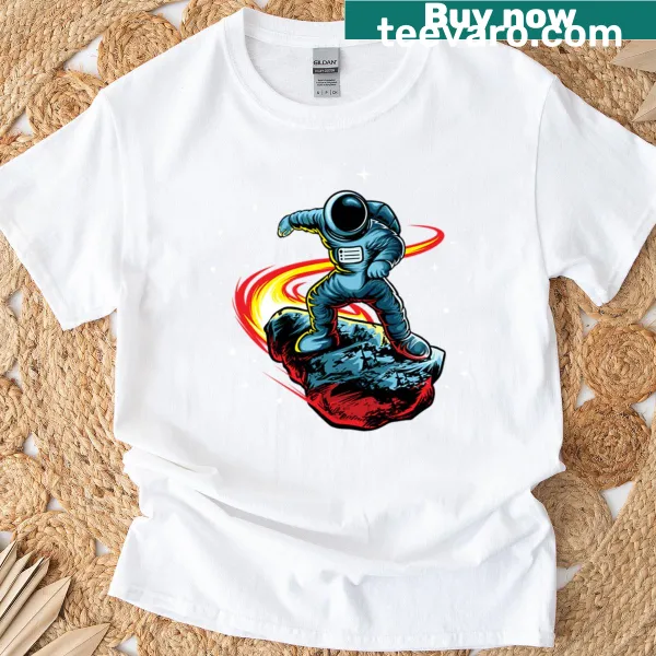 Astronaut on a hovercraft having fun on the moon in a graphic design