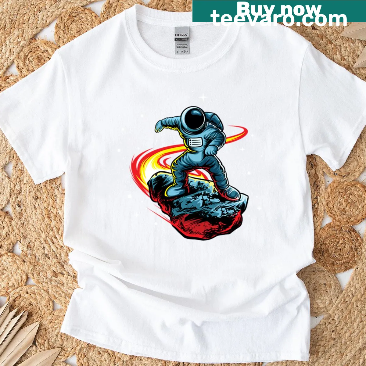Astronaut on a hovercraft having fun on the moon in a graphic design — on a men's t-shirt