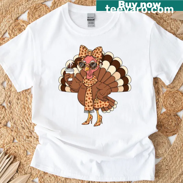 Funny Thanksgiving t-shirt featuring a turkey wearing sunglasses in autumn.