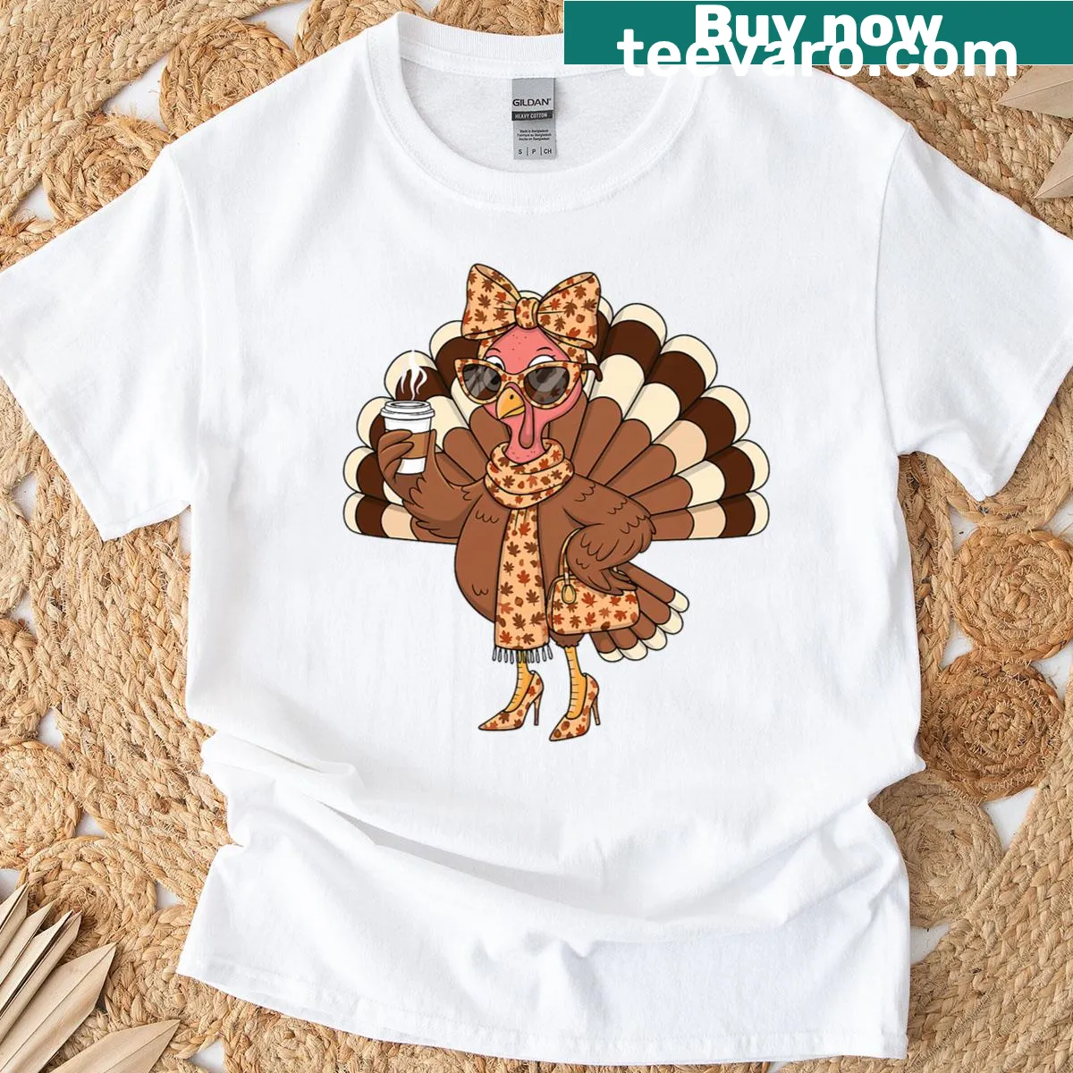 Funny Thanksgiving t-shirt featuring a turkey wearing sunglasses in autumn. — on a men's t-shirt
