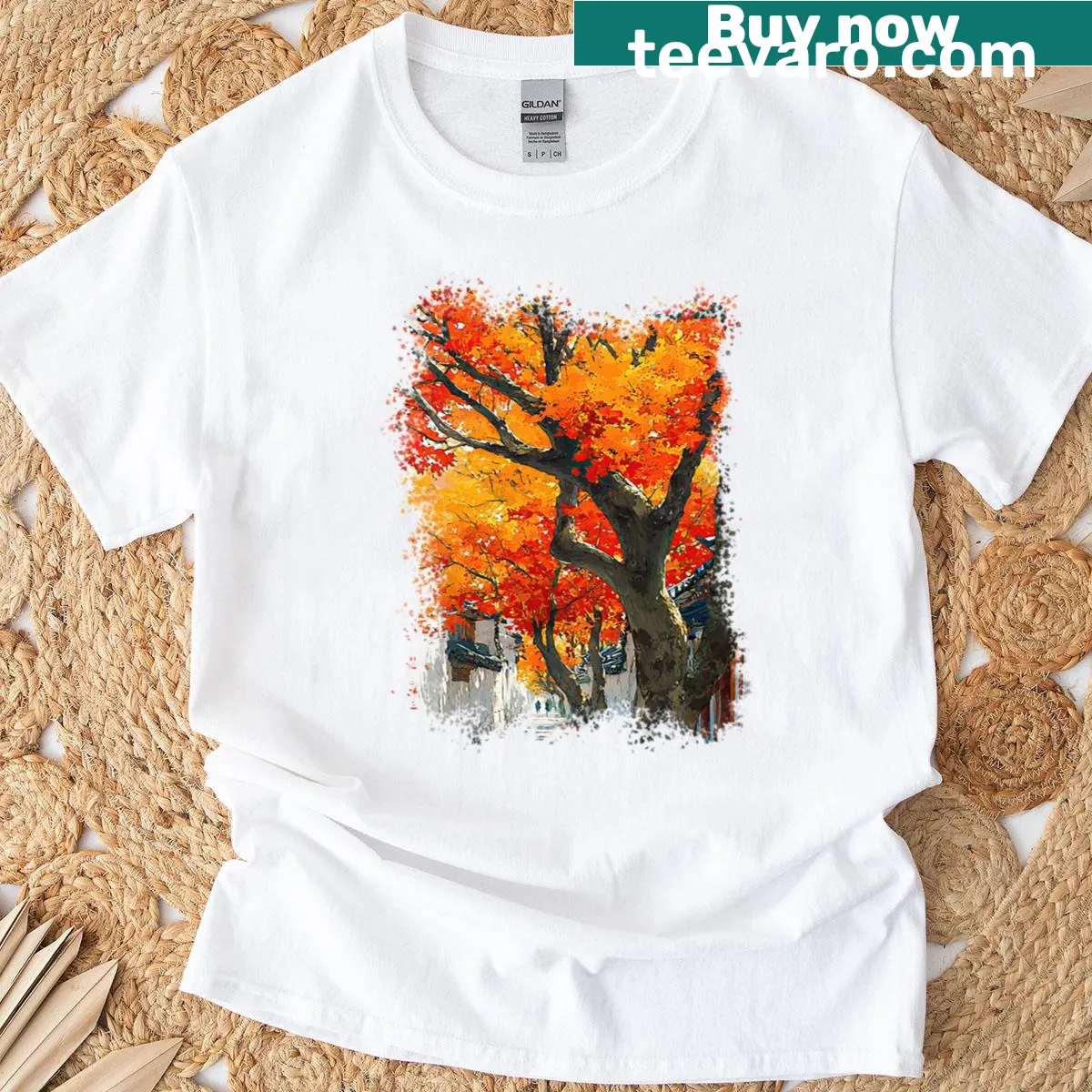 Realistic graphic of autumn maple trees by ancient city walls — on a men's t-shirt