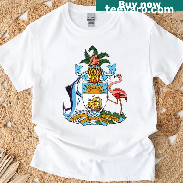T-shirt featuring the Bahamas coat of arms with a marlin and flamingo