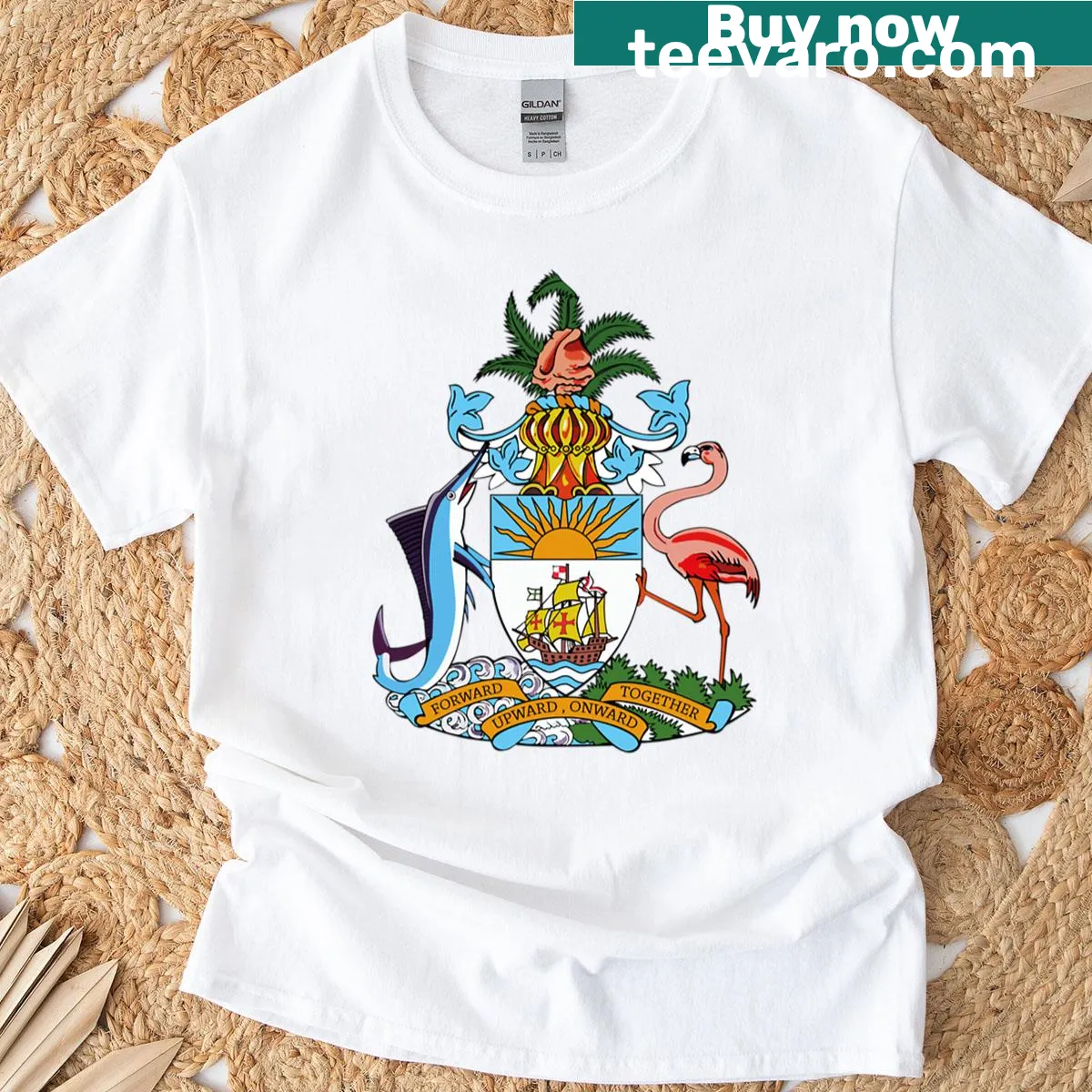 T-shirt featuring the Bahamas coat of arms with a marlin and flamingo — on a men's t-shirt