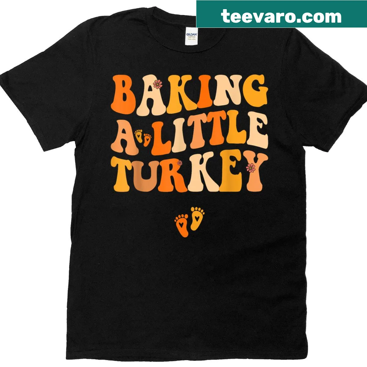 Thanksgiving-themed pregnancy announcement t-shirt with cartoon turkey and playful text — on a men's t-shirt