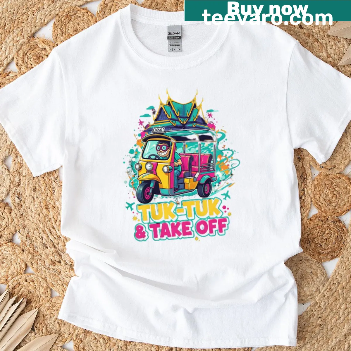 T-shirt featuring an adventurous tuktuk illustration from Bangkok — on a men's t-shirt