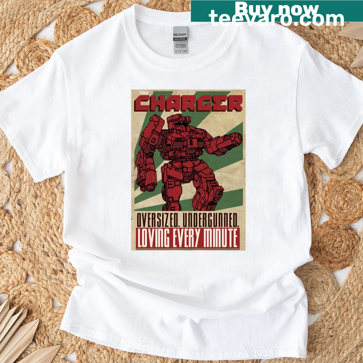 Battletech Charger T-shirt with detailed illustration of the mech. — on a men's t-shirt