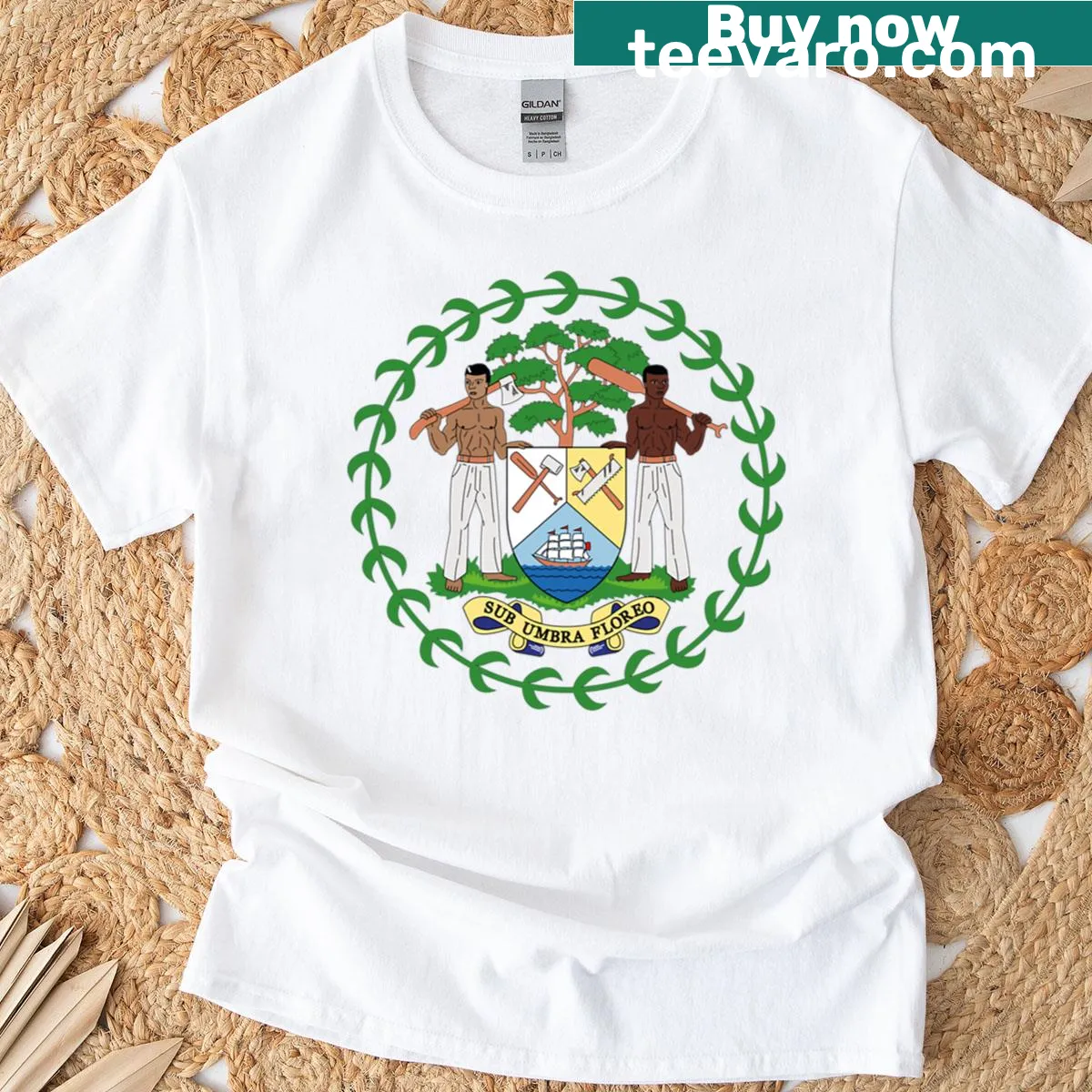 T-shirt featuring the Belize coat of arms emblem — on a men's t-shirt