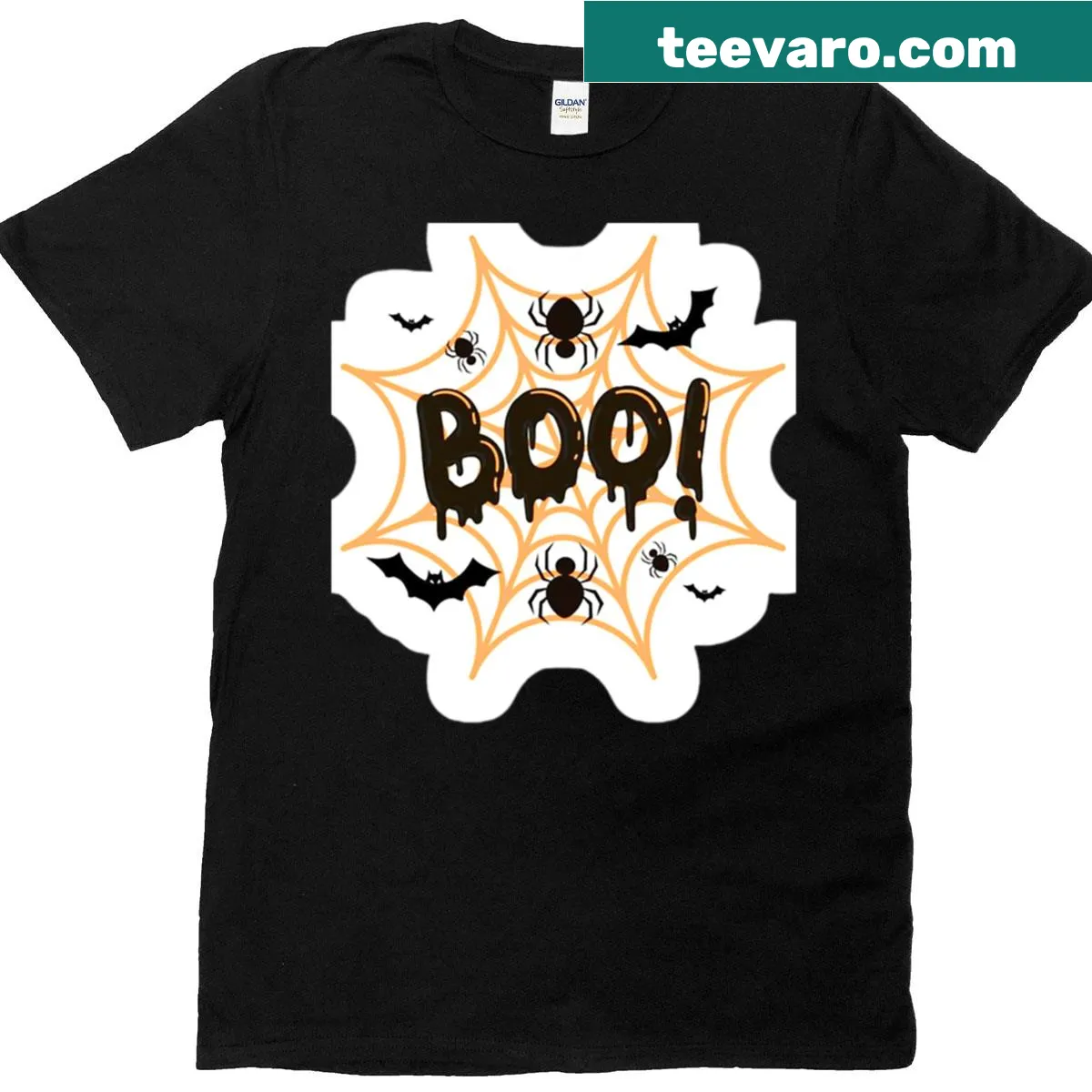 Halloween T-shirt with Boo text and spider web design — on a men's t-shirt
