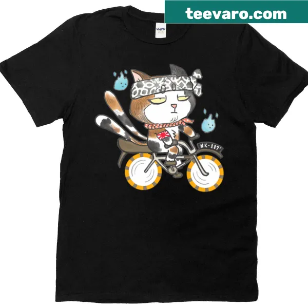 Cartoon t-shirt featuring bored cat on bicycle