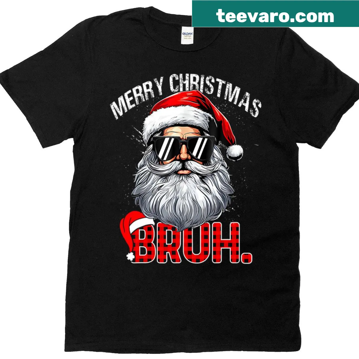 Funny Christmas T-shirt with Bruh text and Santa hat illustration — on a men's t-shirt