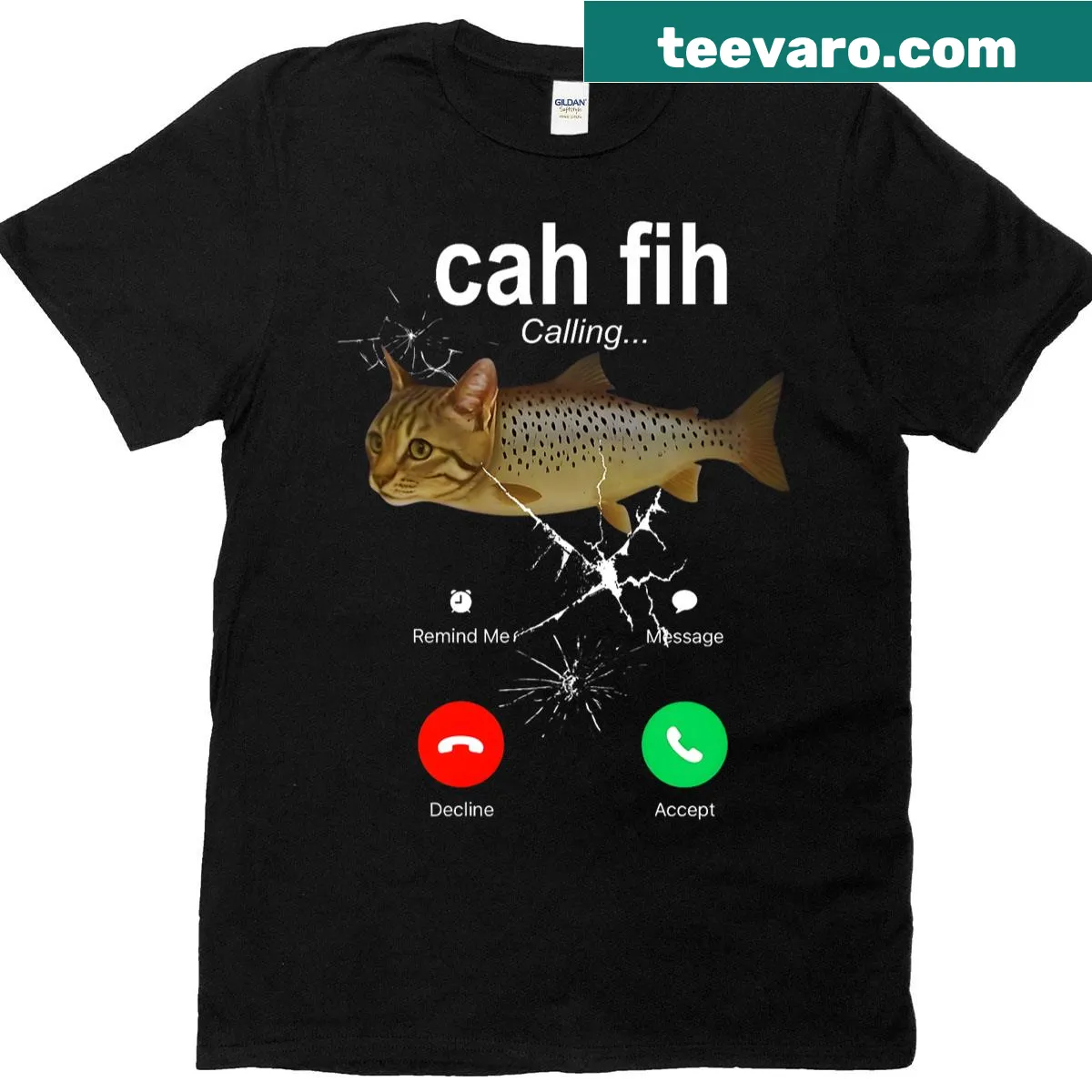 Funny cat-themed t-shirt with humorous text about phone calls — on a men's t-shirt