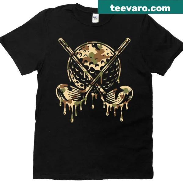 Playful camo drip design with golf ball and clubs on T-shirt