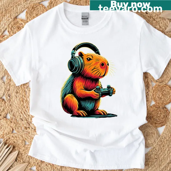 Funny gamer t-shirt featuring a cartoon capybara design
