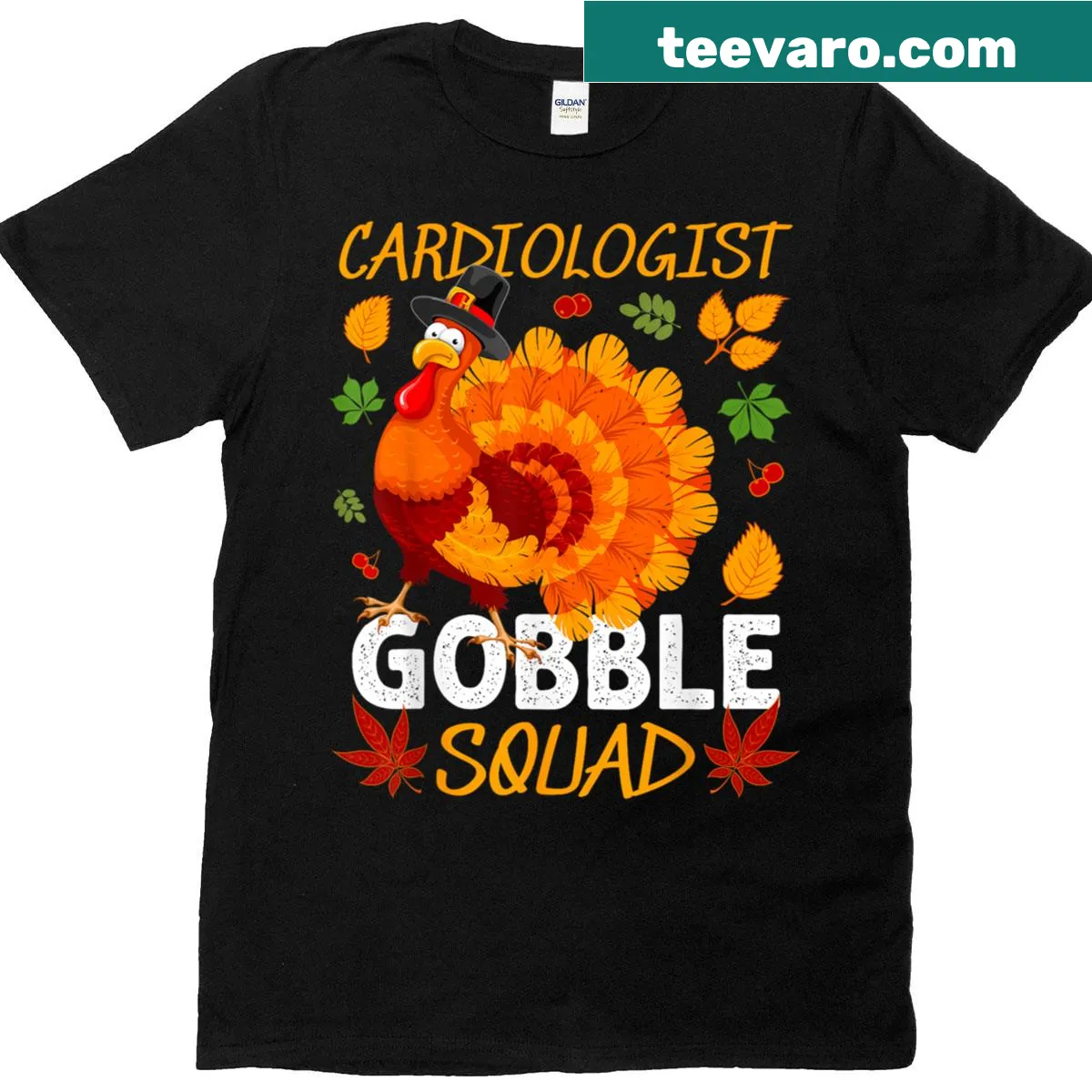 Illustration of a turkey with a stethoscope and Gobble Squad text — on a men's t-shirt