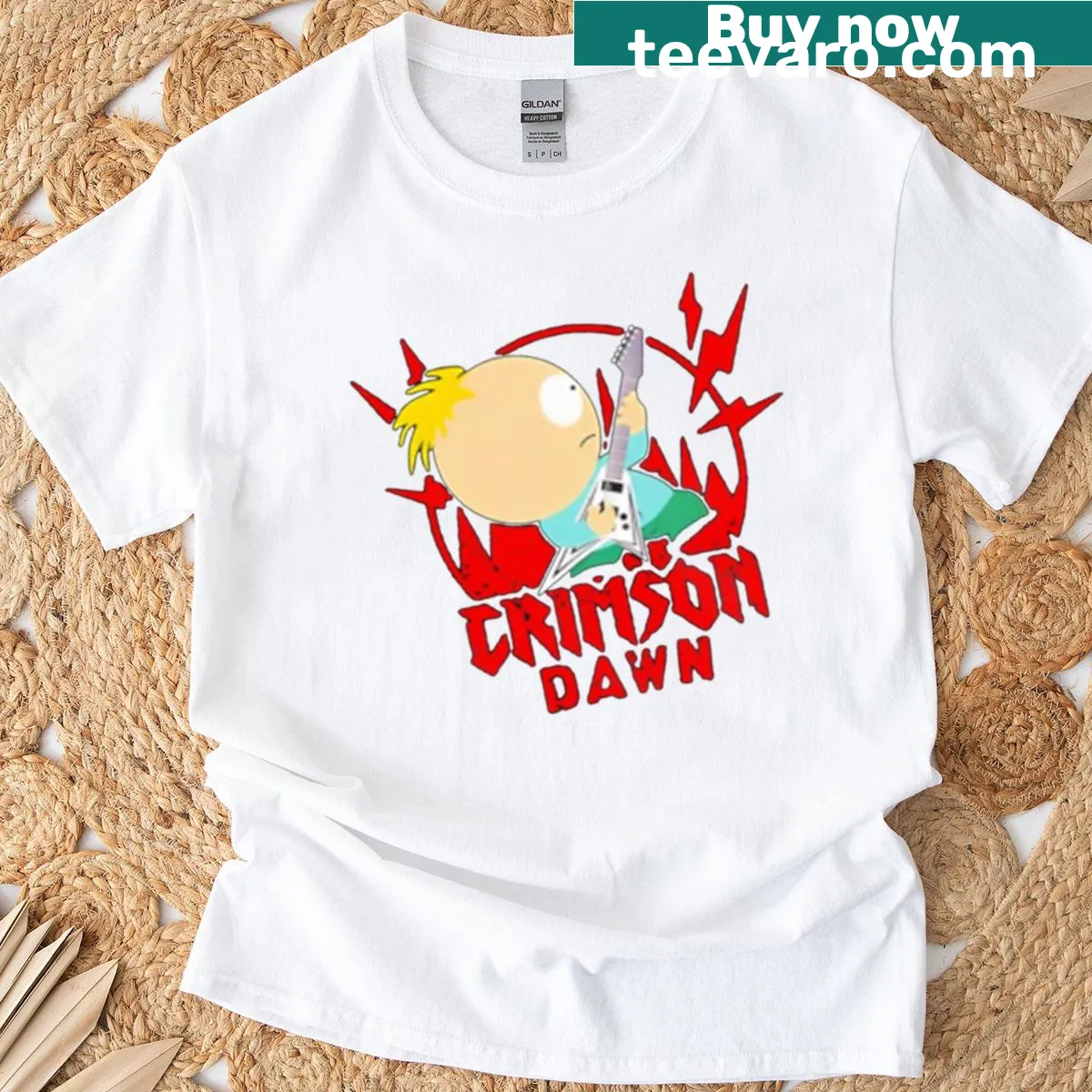 Cartoon explosion t-shirt with bold text design — on a men's t-shirt