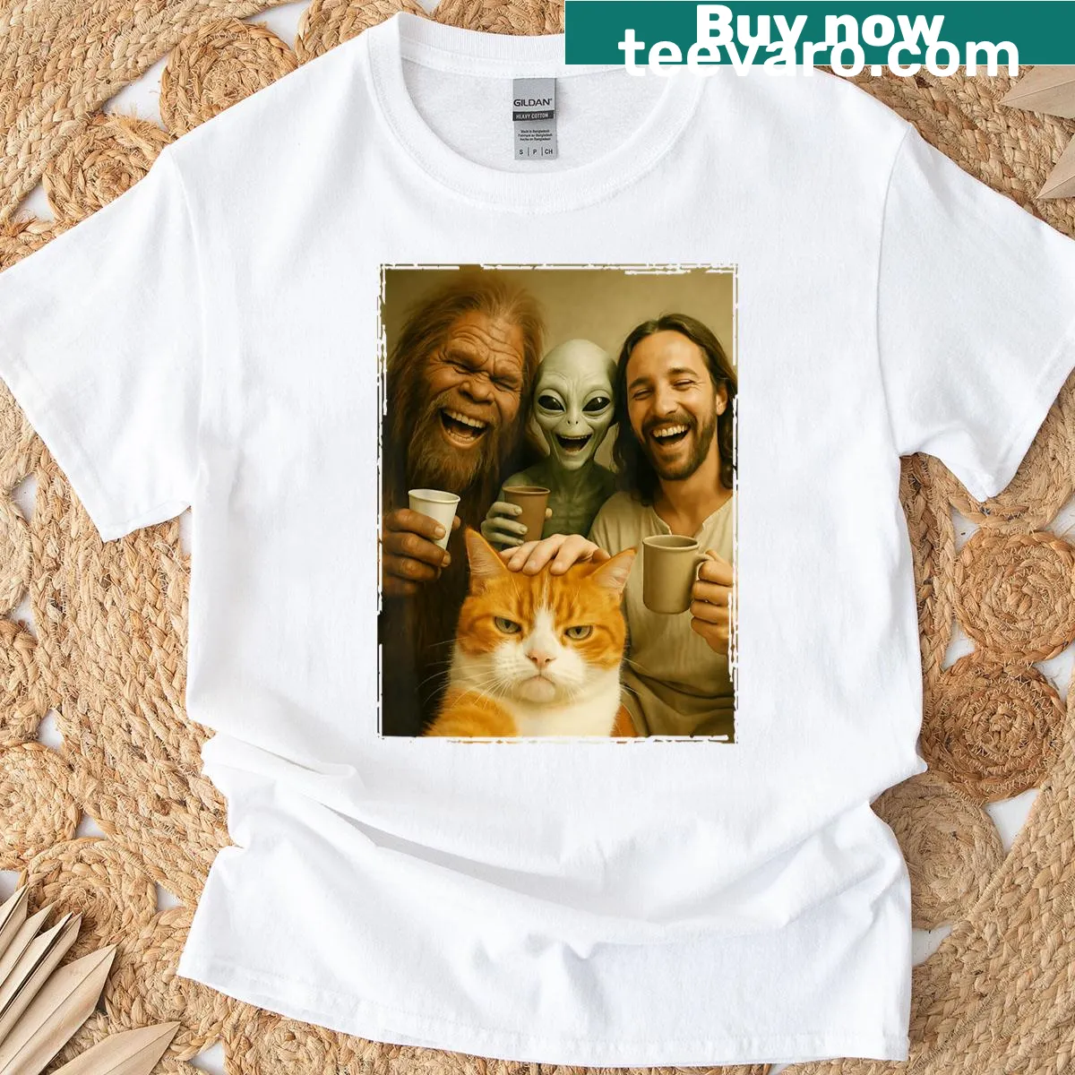 Funny T-shirt featuring a cat selfie with Bigfoot and Alien Jesus — on a men's t-shirt