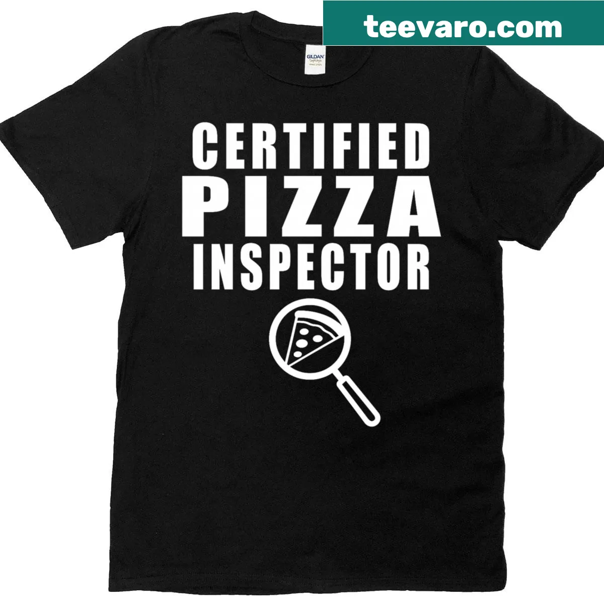 Funny 'Certified Pizza Inspector' graphic T-shirt — on a men's t-shirt