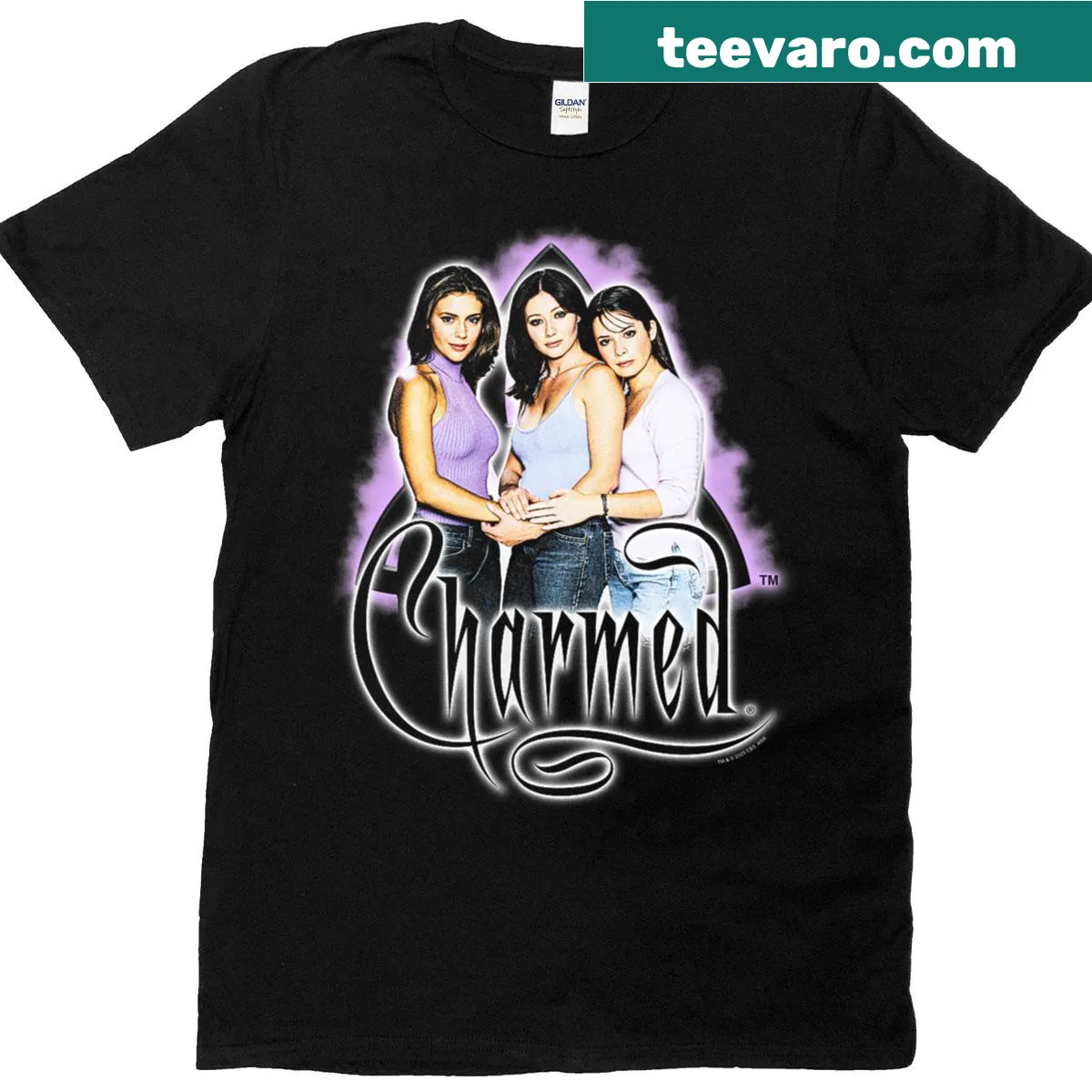 Retro witch portrait with purple fog design — on a men's t-shirt