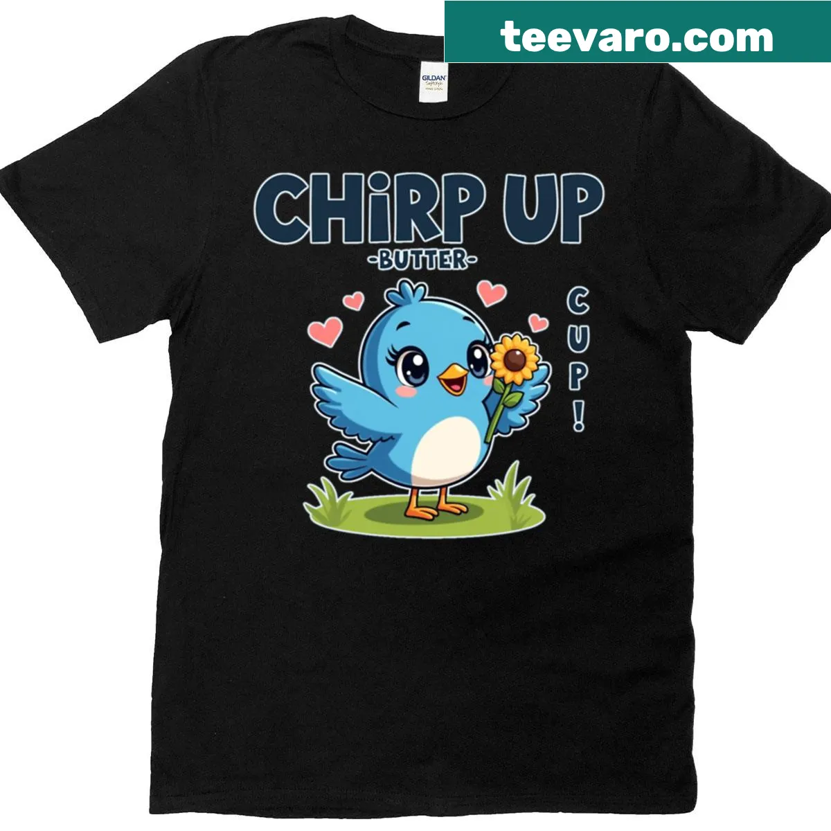 Cute bluebird graphic t-shirt with positive vibes message — on a men's t-shirt