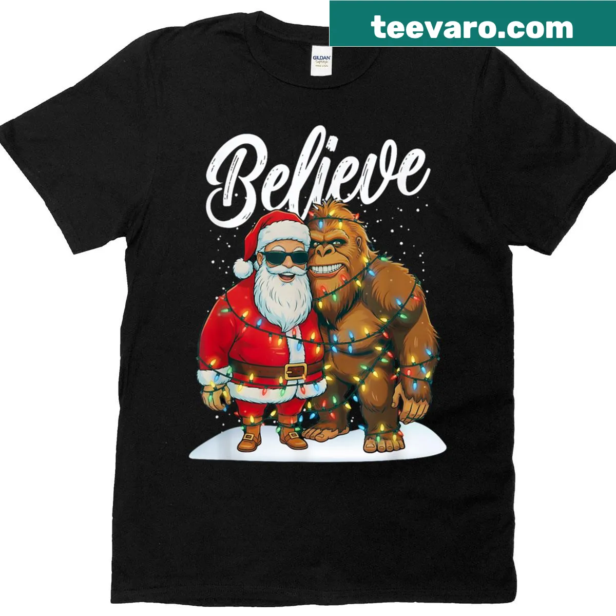 Funny Santa and Sasquatch graphic t-shirt — on a men's t-shirt