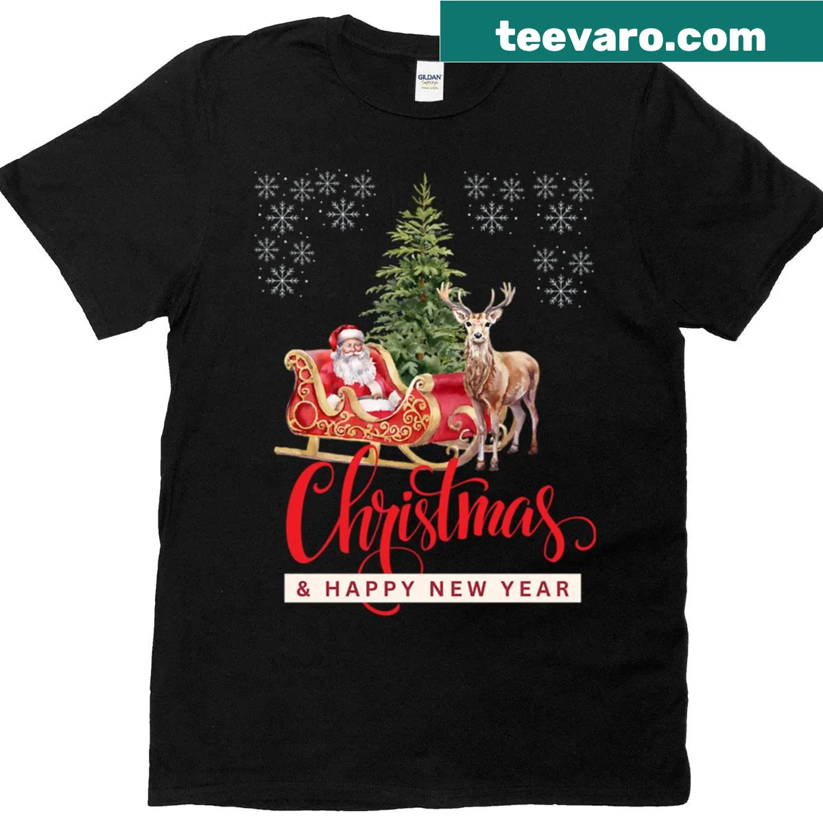 Santa, reindeer, and tree design on a holiday t-shirt — on a men's t-shirt