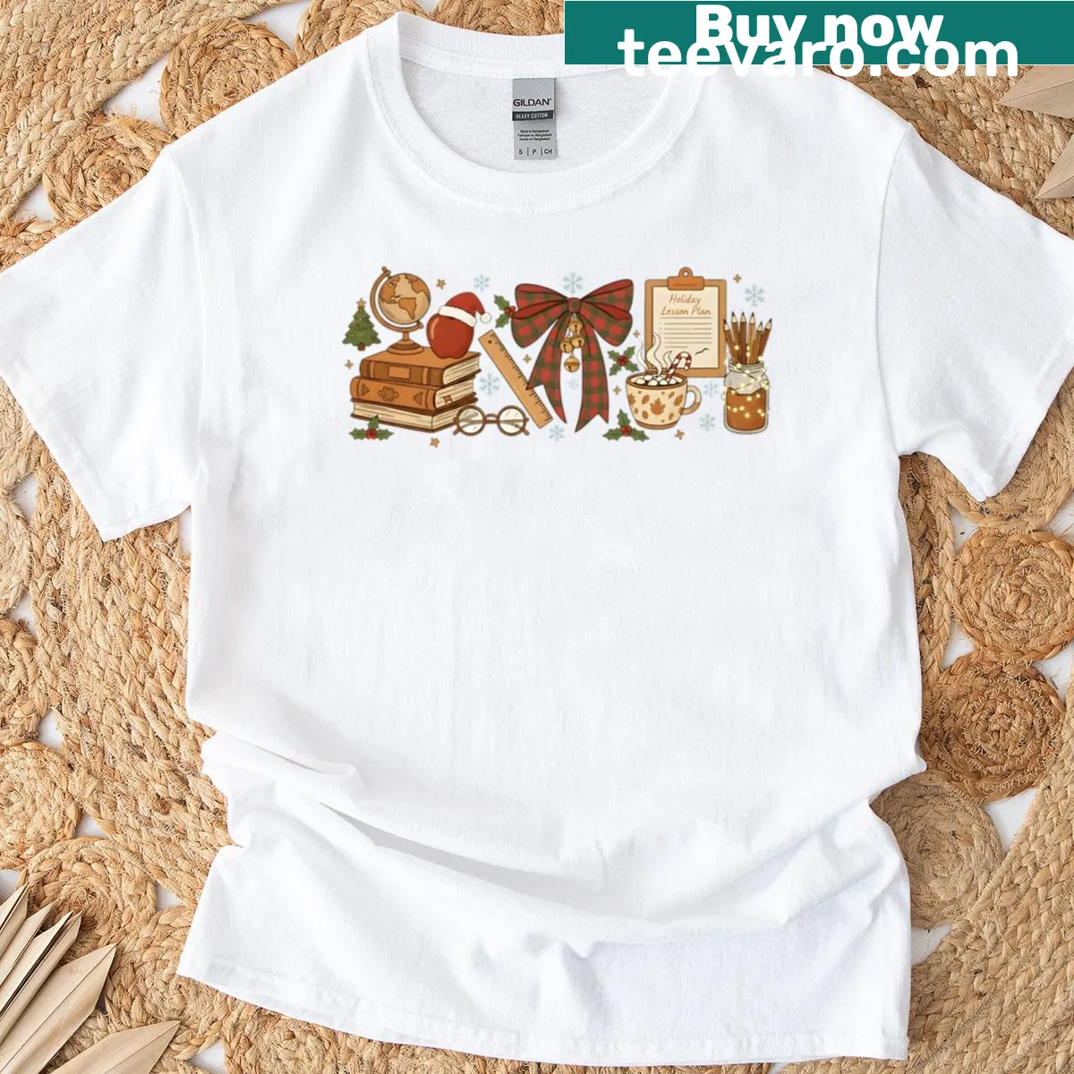 Vintage-style Christmas teacher T-shirt with humorous tree graphic — on a men's t-shirt