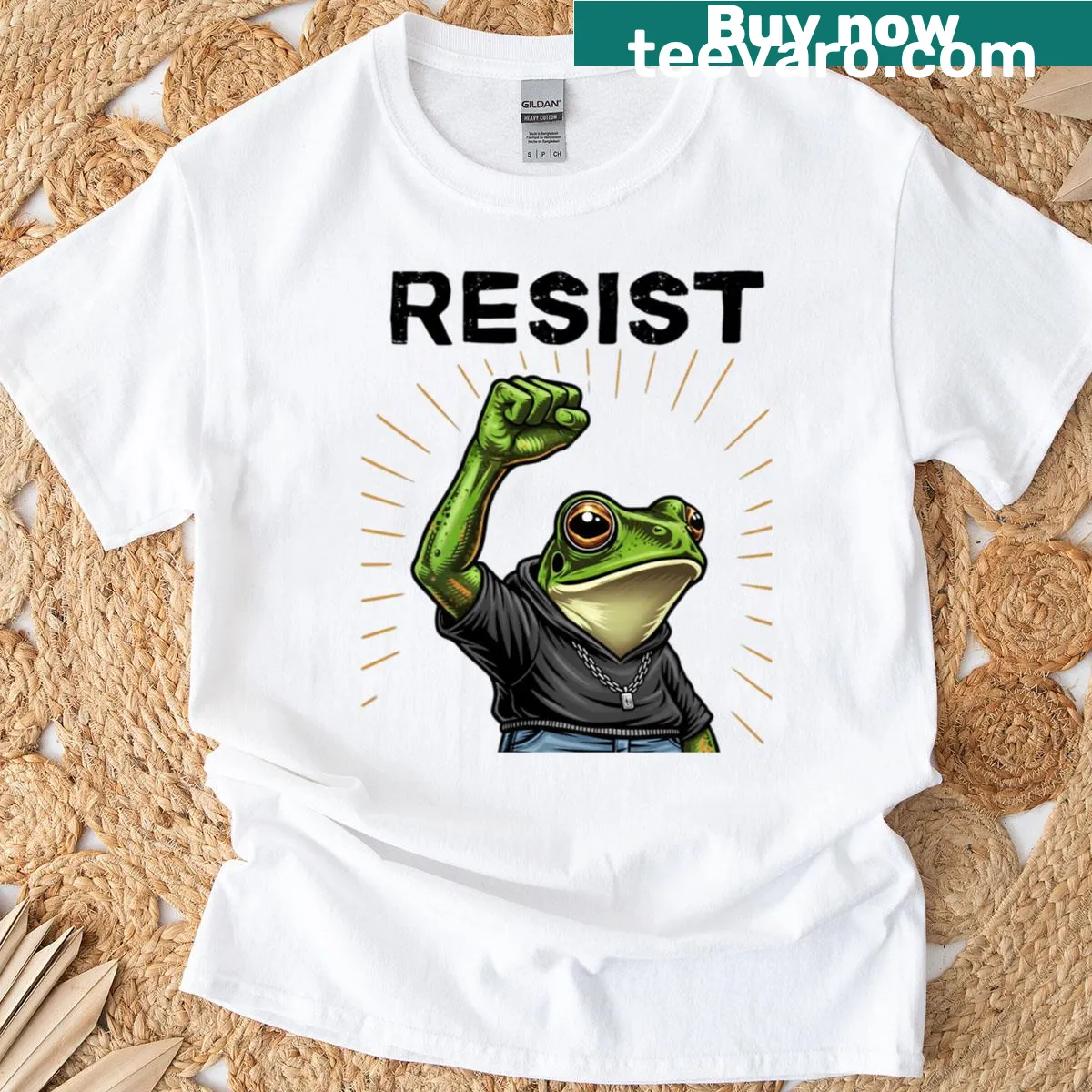 Protest design t-shirt featuring a frog in chains — on a men's t-shirt