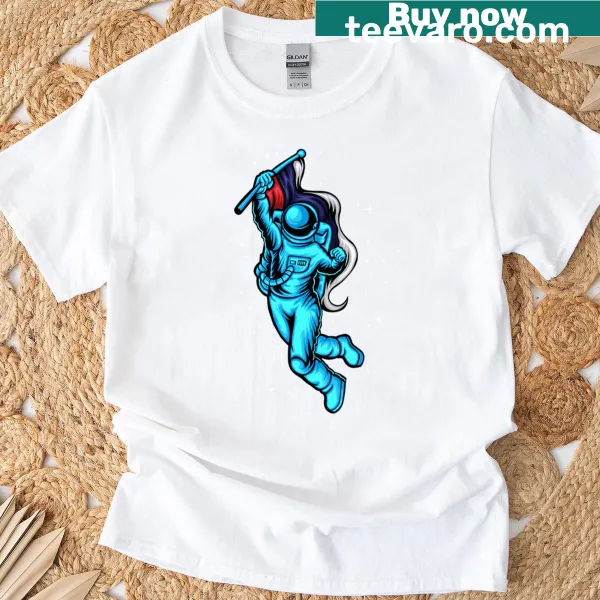 Cheerful astronaut on the moon graphic on t-shirt