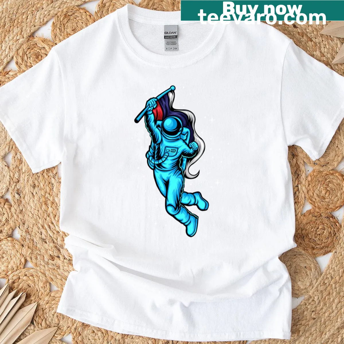 Cheerful astronaut on the moon graphic on t-shirt — on a men's t-shirt