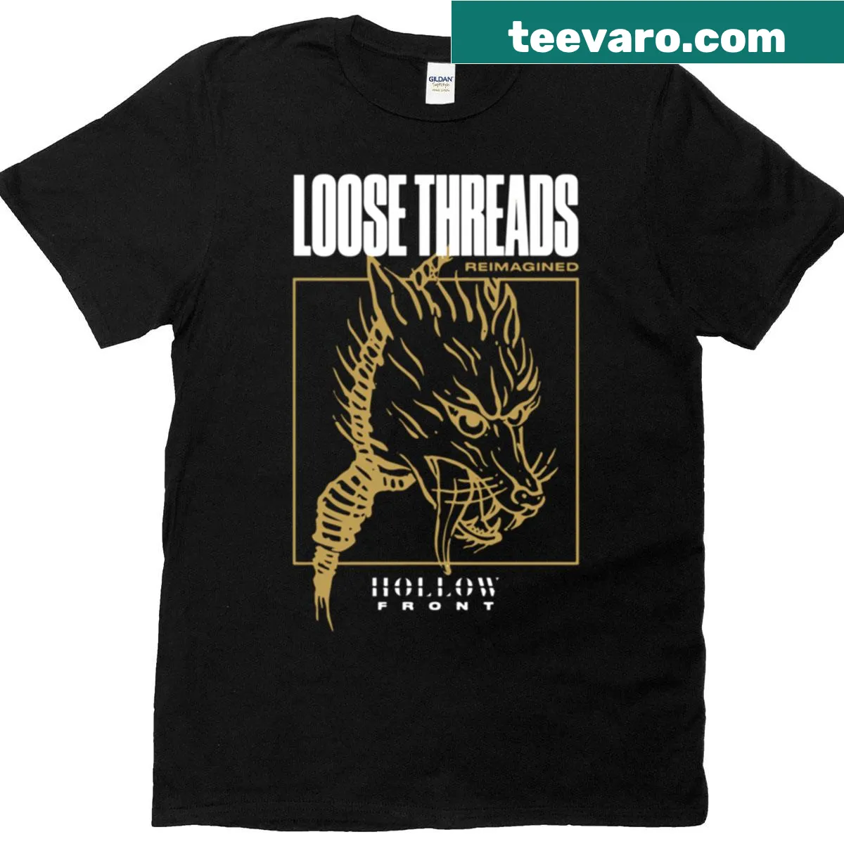 Minimalist T-shirt with Hollow Front band name graphic — on a men's t-shirt